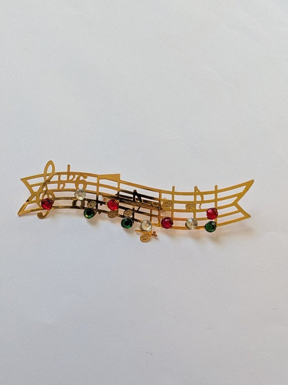 Gold Tone Music Notes Sheet Music Brooch Pin Rhinestone Embellished
